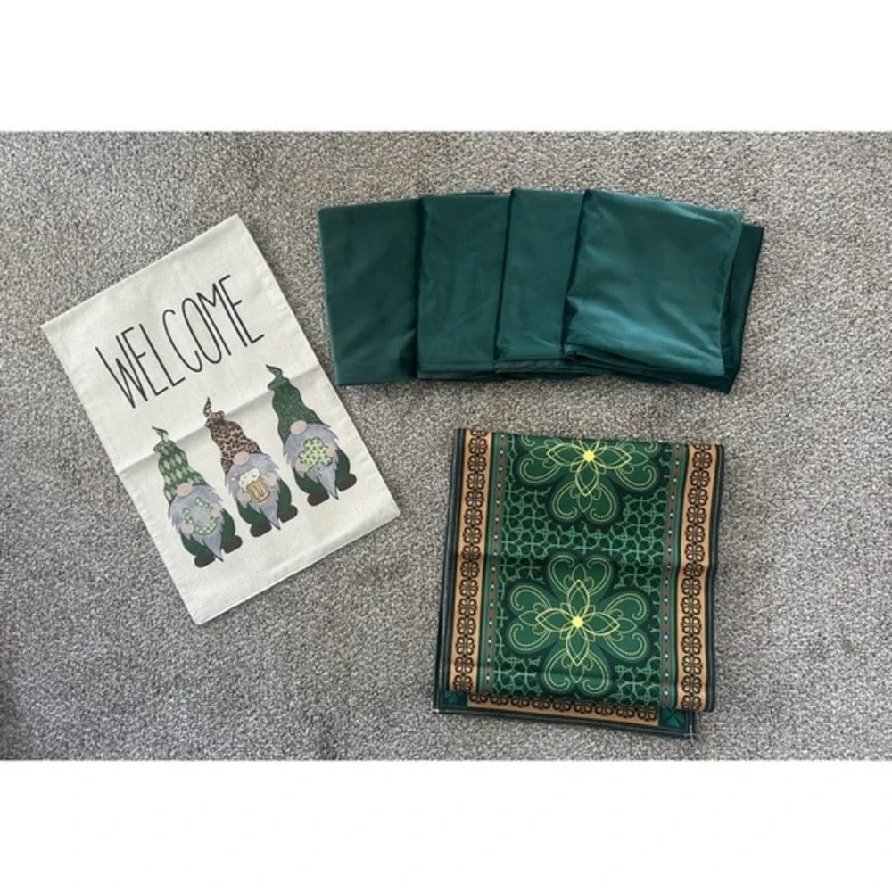 6-PC Gnome Garden Flag Celtic Decor Green Pillow Covers Table‎ Runner St Patrick